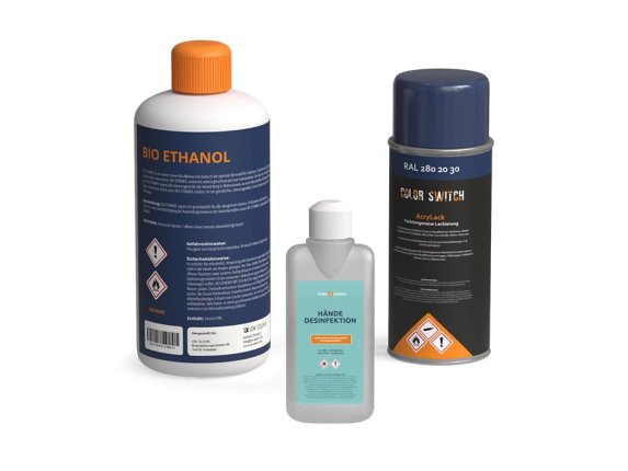 bedruckte CLP-Etiketten auf verschiedenen Produkten