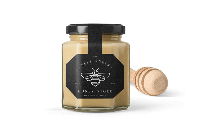 honey jar with black label