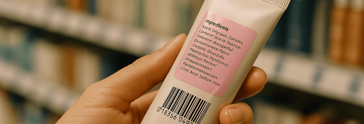 Frau liest Hinweise auf einem Etikett eines Produkts