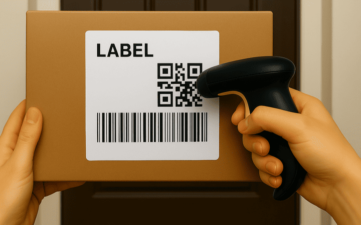 Postbote scannt Versandlabel Postbote scannt Versandlabel