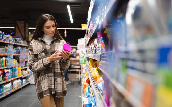 Frau im Supermarkt liest Etikett auf Produktverpackung