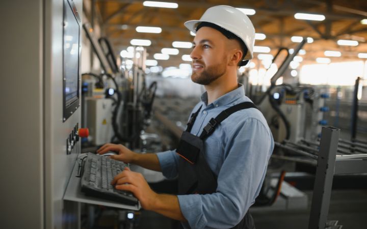 Mann bedient Faltmaschine Mann bedient Faltmaschine