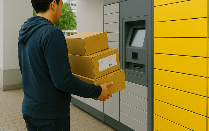 Mann steht an der Packstation Mann steht an der Packstation