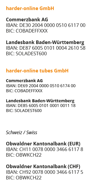 Bankverbindungen harder-online GmbH und harder-online tubes GmbH